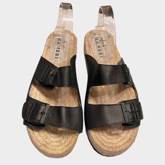 MANEBI Women’s Espadrille Black Leather Slides 2 Strap Buckle Sandals size 10 - Picture 3 of 5